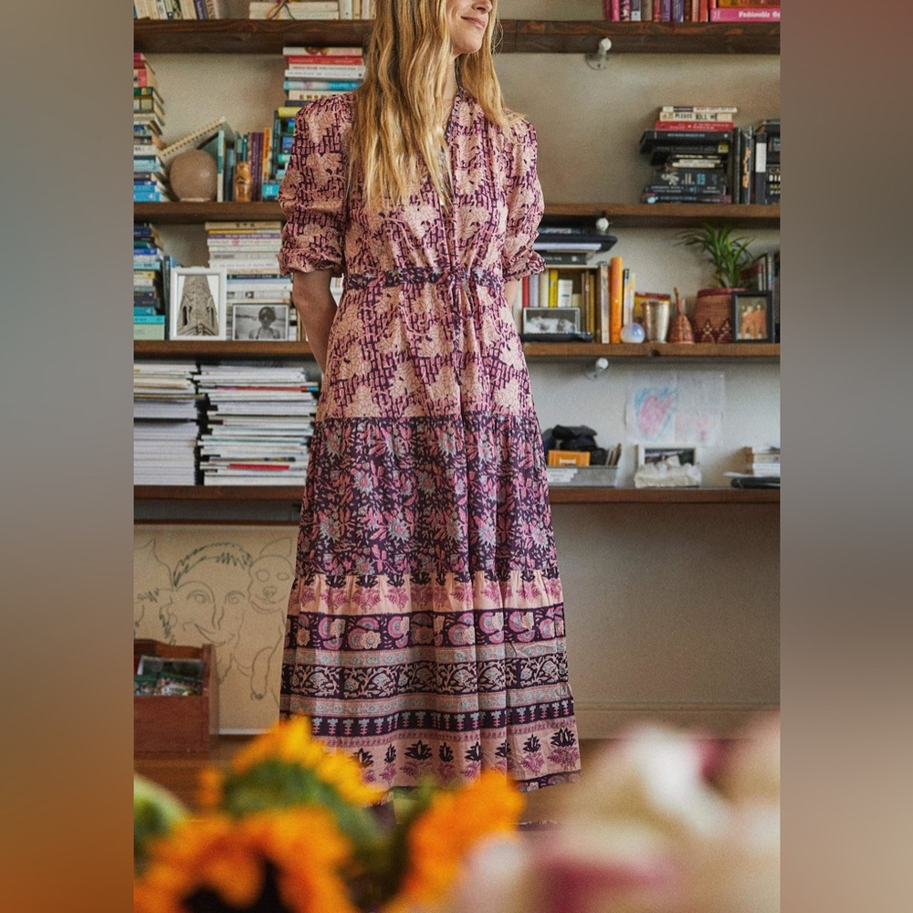 Faherty Idina Block Print Maxi Tiered Dress Kingsley Block Print XL